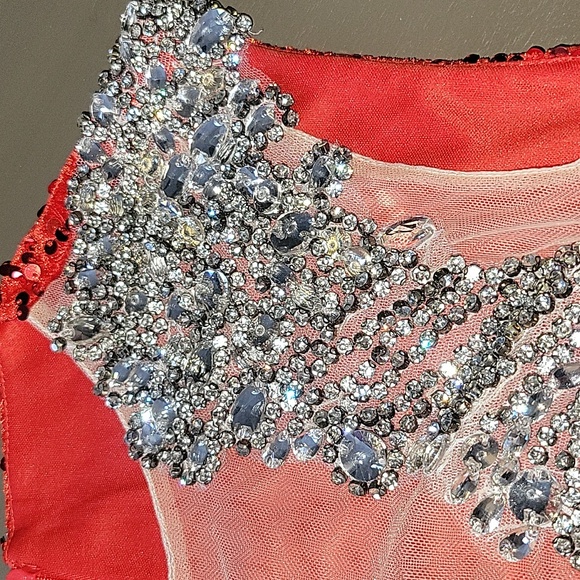 Silver Crystal Jeweled & Red Rhinestone Mesh Detail Formal Mini Dress Pageant S - Picture 15 of 15